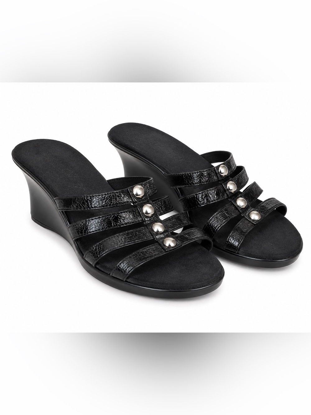 VANELI Women’s Black Leather Studded Wedge Mule Sandals - Made in Italy. Size: 6
